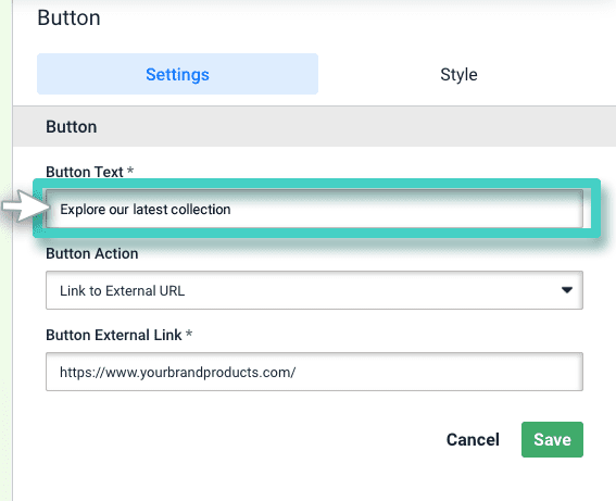 Email button text Email creator, button widget. Button text field is highlighted