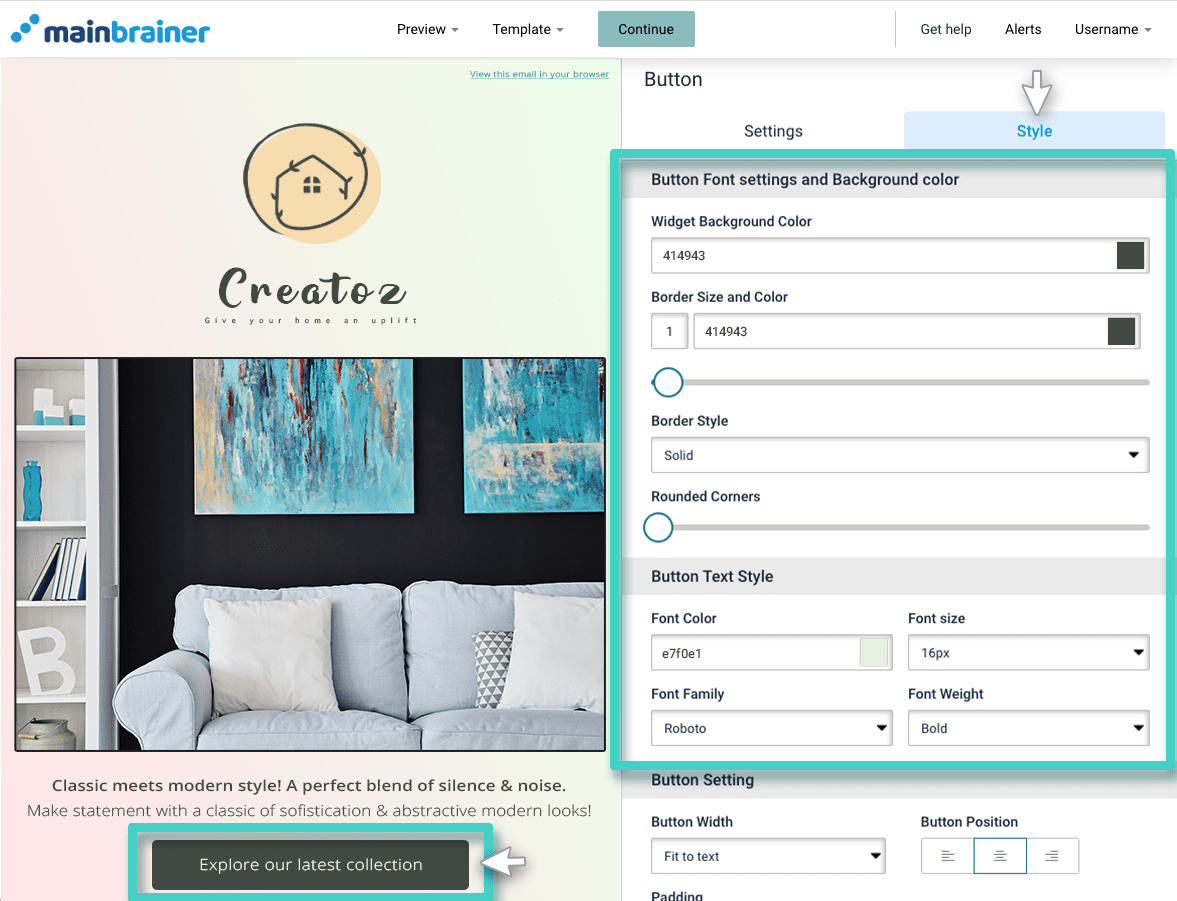 Email button style Email creator, button widget. Button style tab is highlighted