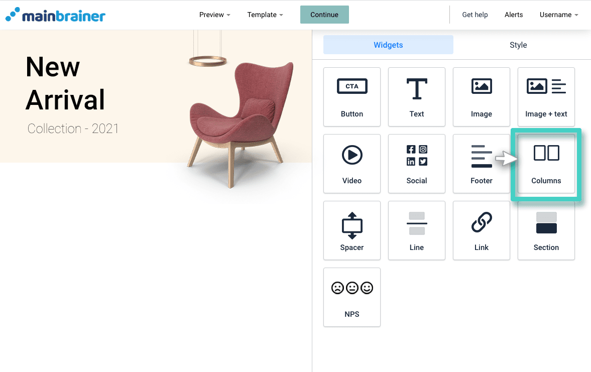 Email columns widget Email creator, columns widget is highlighted