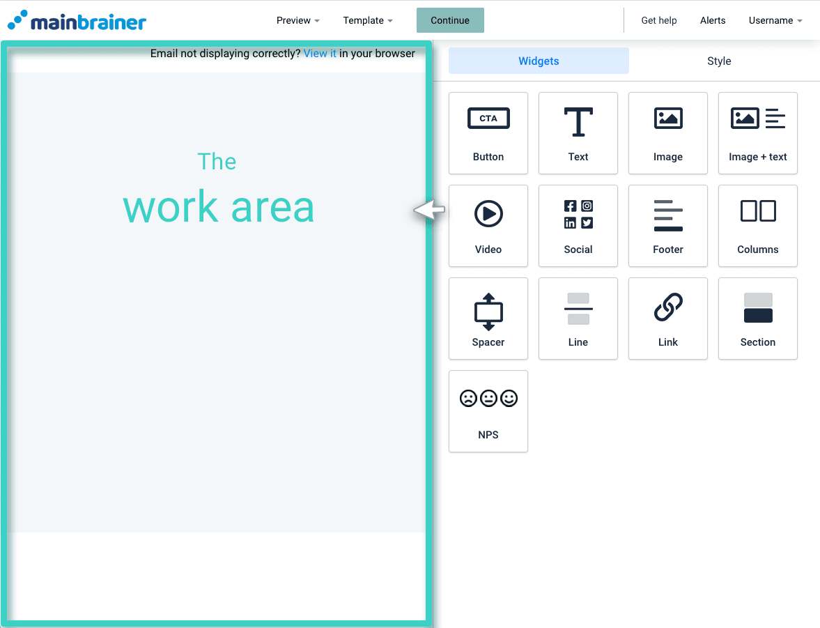 Email creator workarea Email creator. The work area is highlighted