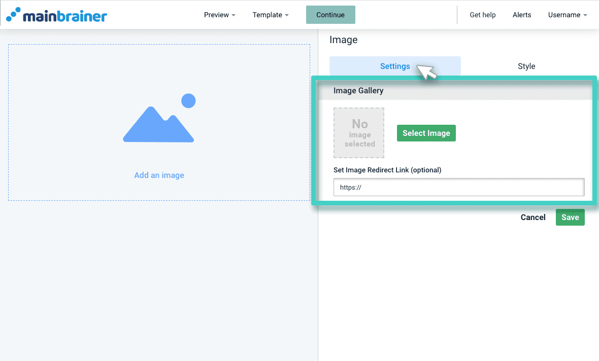 Email creator, image widget. The image widget settings tab is highlighted