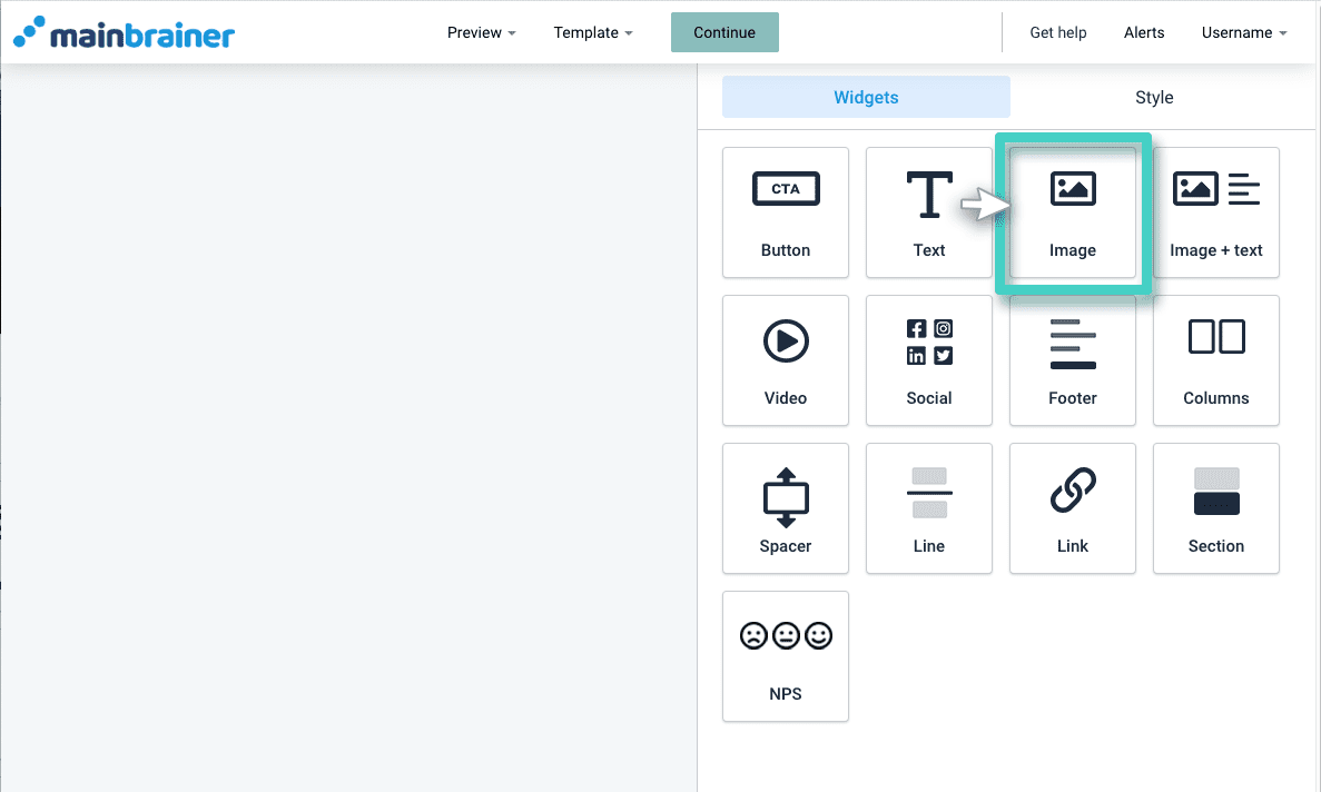 Email creator, the image widget is highlighted