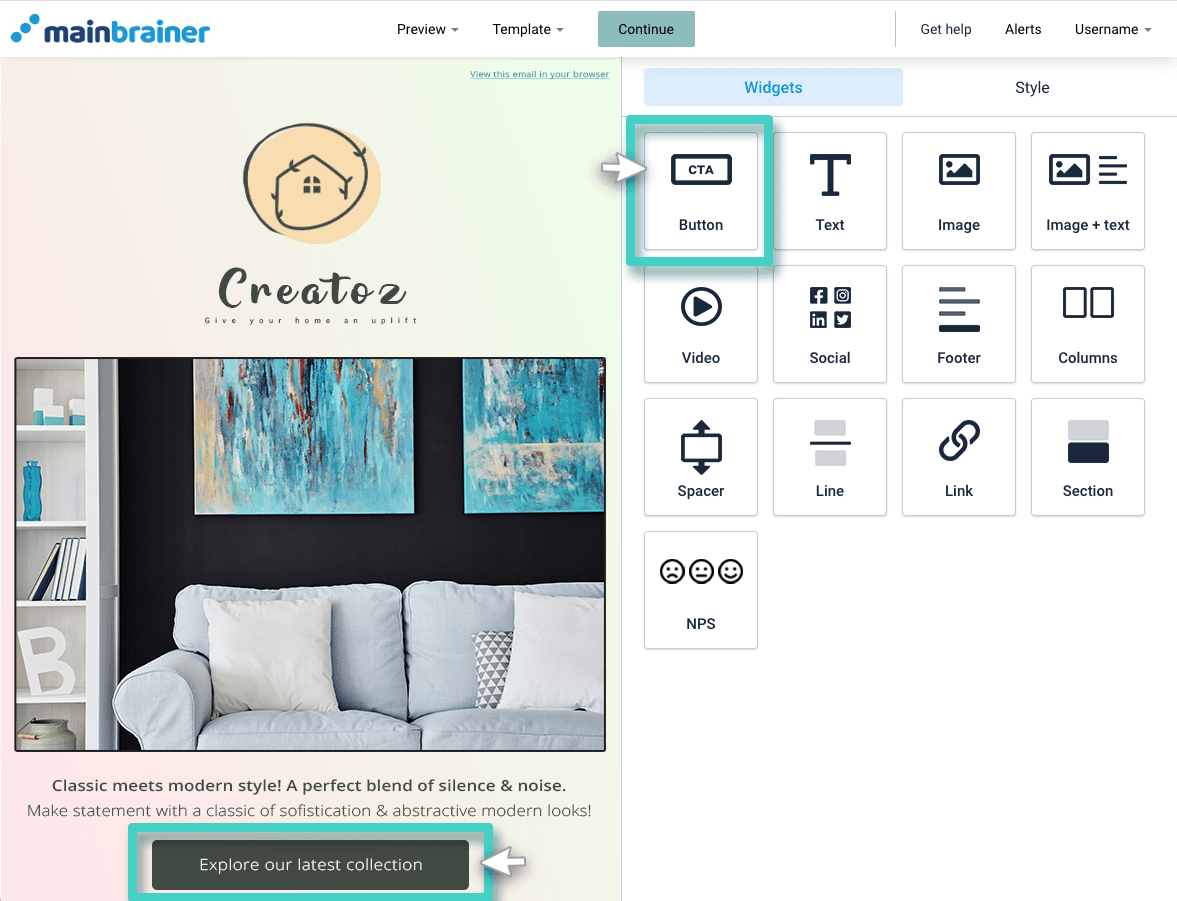 Email creator button CTA Email creator, button widget. The CTA button widget is highlighted