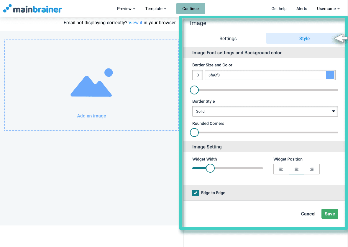 Email creator image style New email campaign, image widget. The settings tab is highlighted
