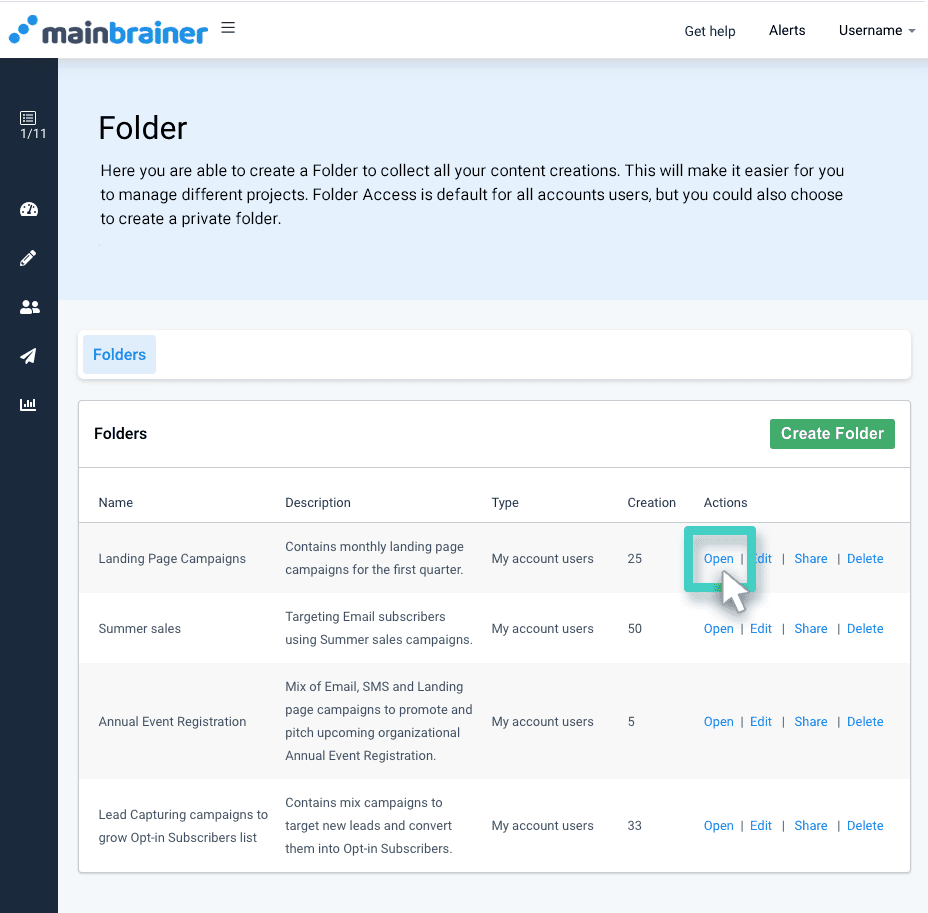 Campaign folders listing Campaign folder overview. Open button highlighted