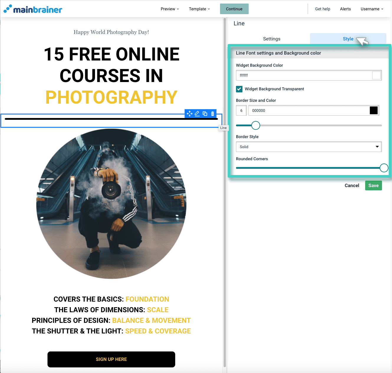 Email line style Email creator, line widget. The line widget style tab is highlighted