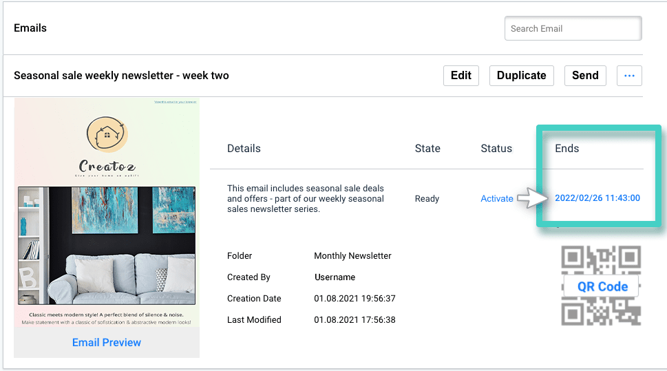 Email campaign manager with a Set end-date button