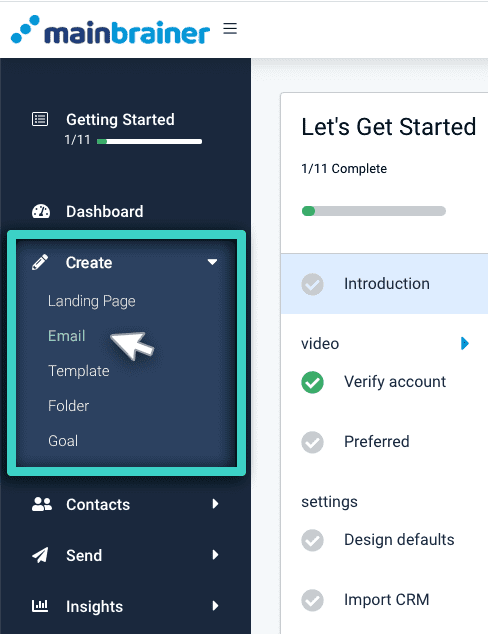 Email campaign manager, menu with the option Email highlighted