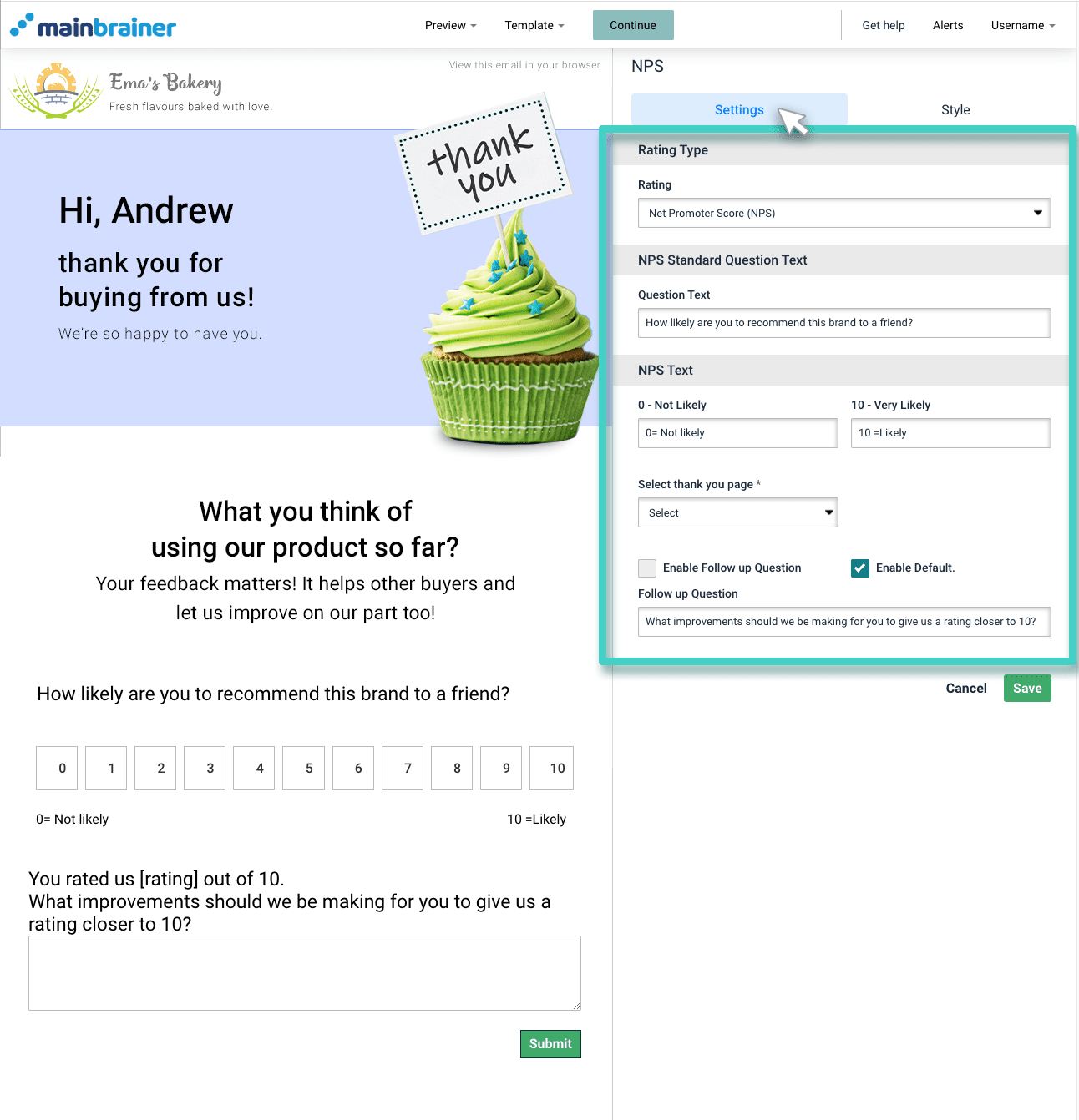 Email NPS settings Email creator, NPS widget. The NPS widget settings tab is highlighted