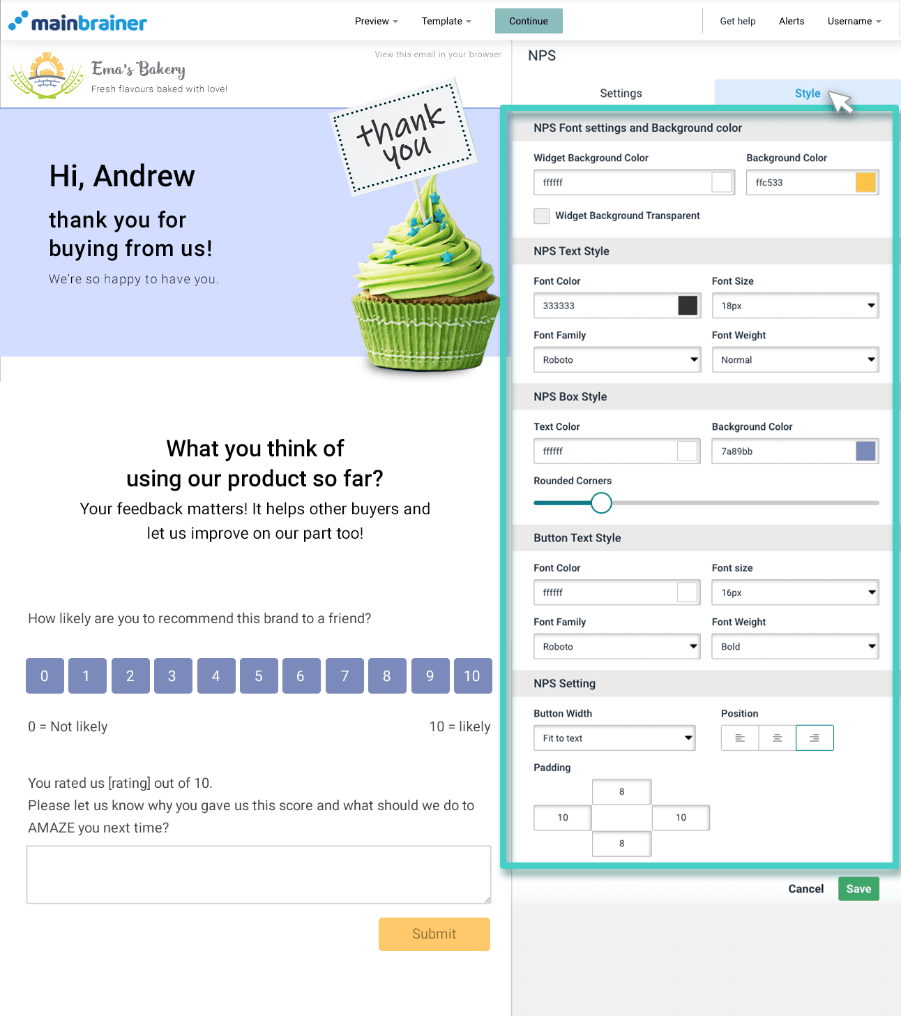 Email NPS style Email creator, NPS widget. The NPS widget style tab is highlighted