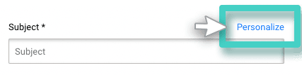 Email campaign sending. The personalize button in the subject field is highlighted