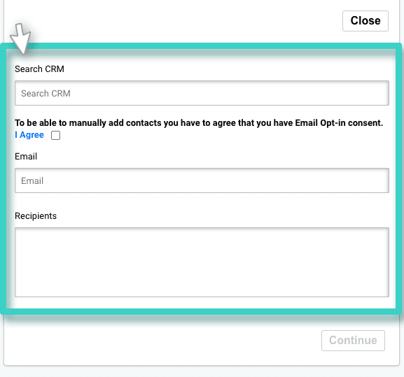 Email campaign recipients, email recipients list. The search crm field is highlighted
