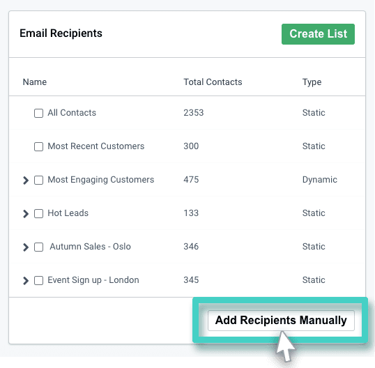 Add email recipients button Email creator, email recipients. Add recipients manually button highlighted