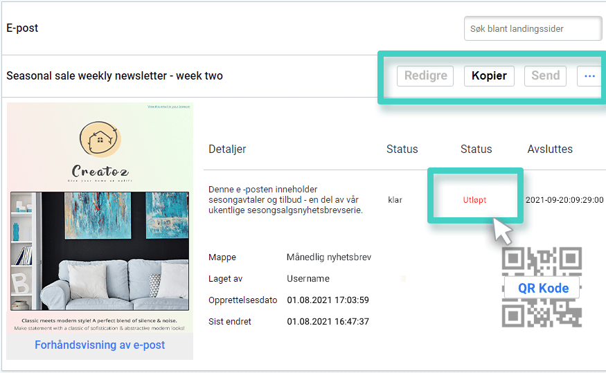 E-post kampanjeadministrator, e-post med status utløpt