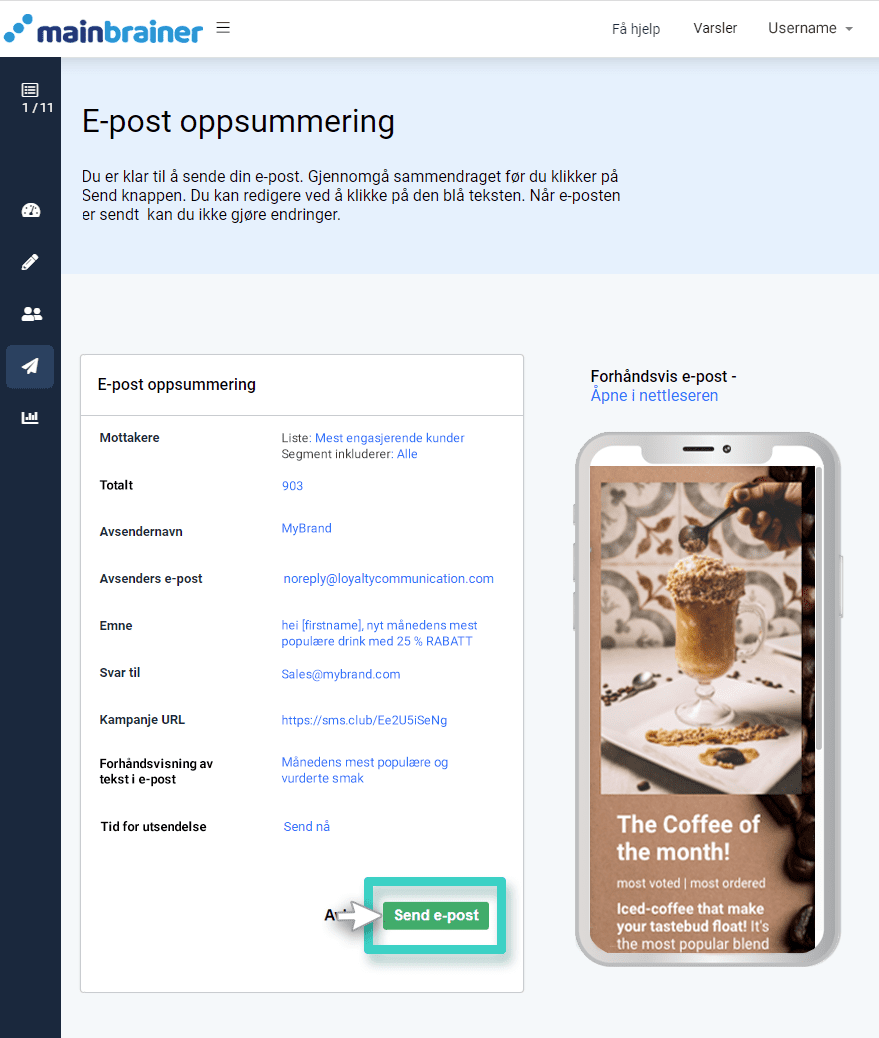Email campaign summary page E-postskaper, e-postkampanjesammendrag. Send e-post-knappen uthevet