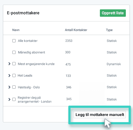 Add email recipients button E-postskaper, e-postmottakere. Knappen Legg til mottakere manuelt er uthevet