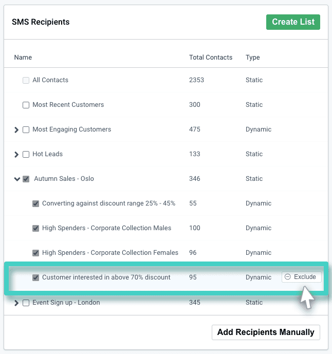 Marketing campaign, excluding contacts. SMS recipients lists. Exclude button is highlighted