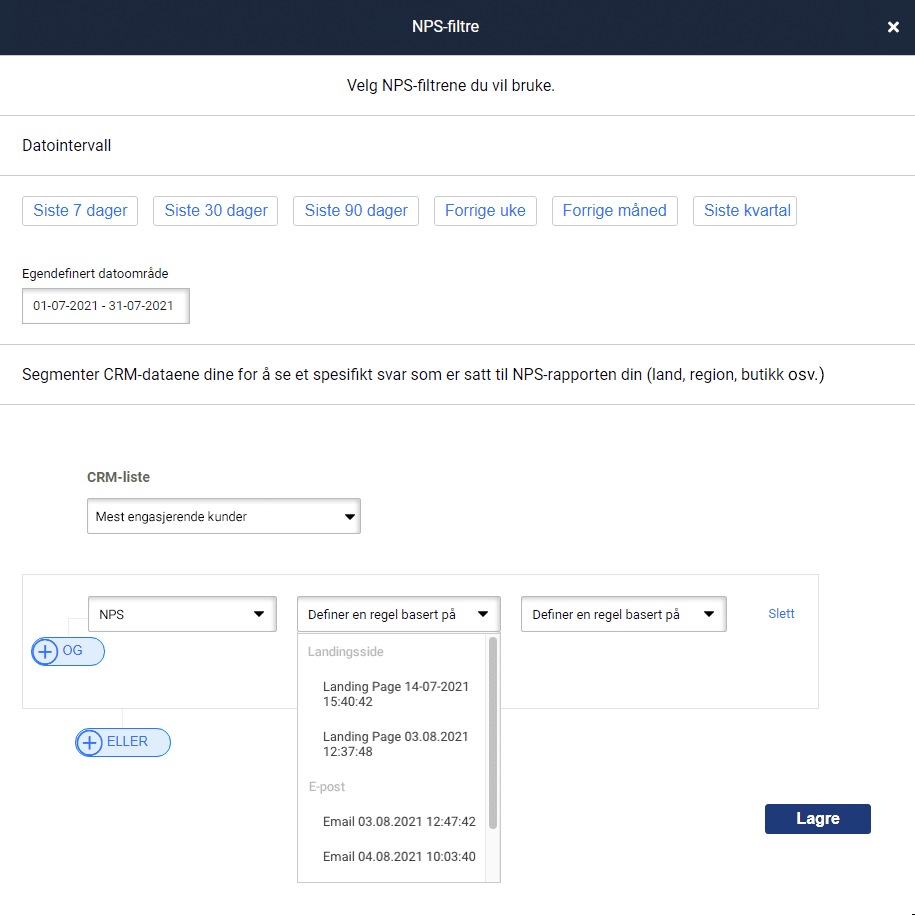 NPS-innsikt, filtre. Definer en regel basert på alternativ