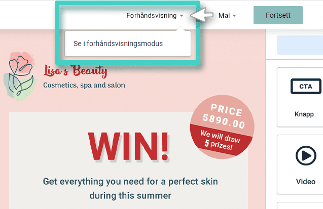 Landing page preview Ny landingsside, stilfanen for bildewidget er uthevet