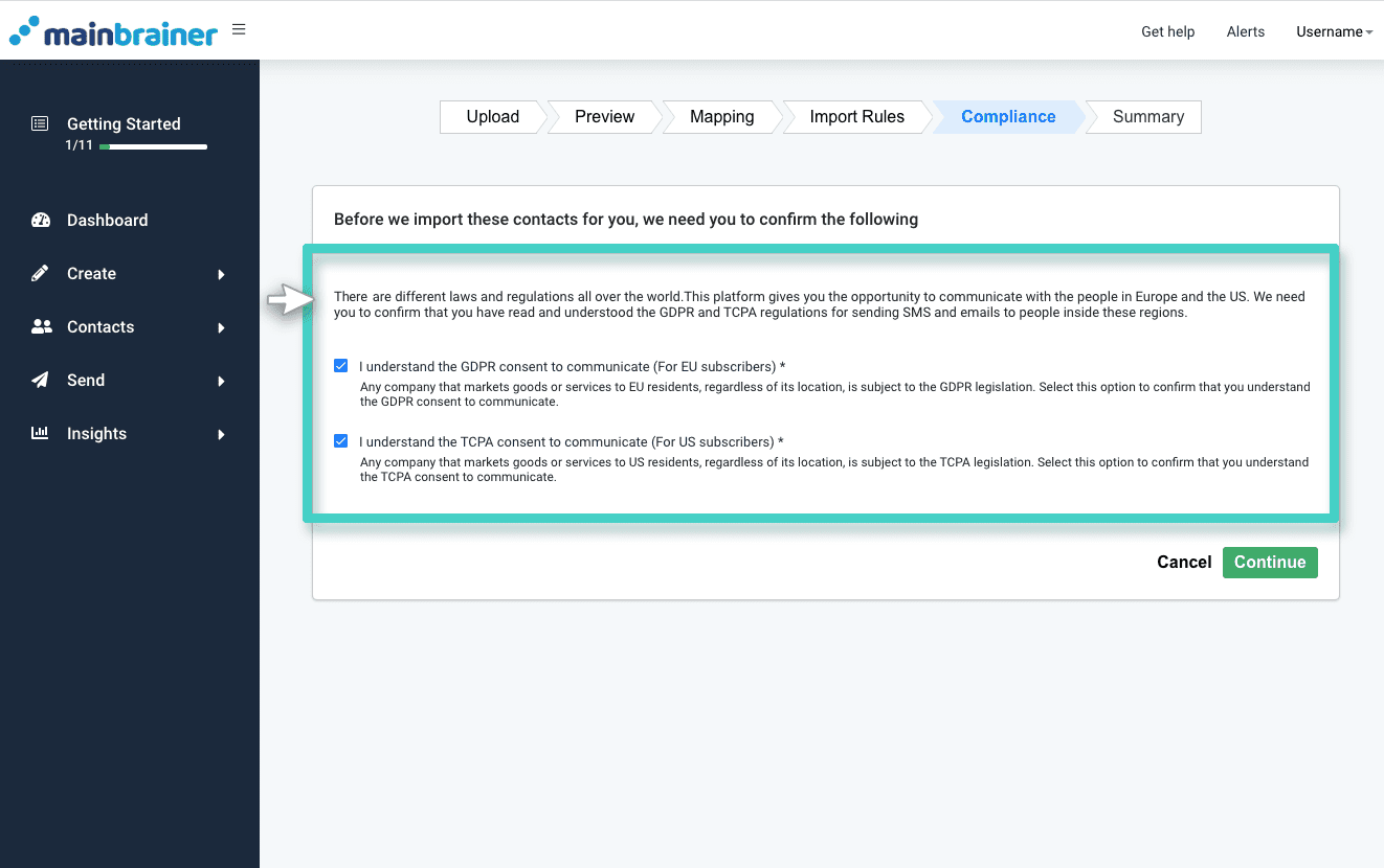 CRM import compliance MainBrainer CRM import contacts, compliance tab. GDPR consent section is highlighted