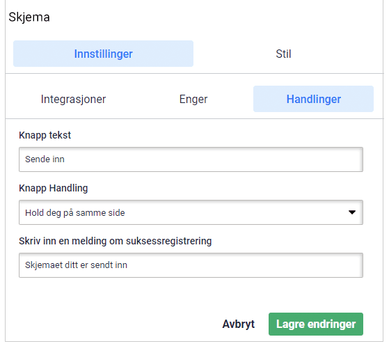 Signup form actions Regler for kunderegistrering, fanen innstillinger. Velg knappetekst og handling