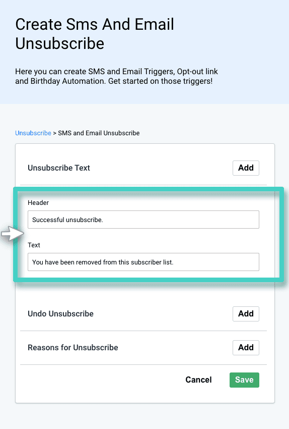 Select header and text SMS and email unsubscribe template. Select header and text