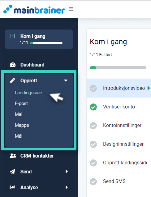 Landing page sub menu Ny landingsside, lag meny. Landingssiden er uthevet