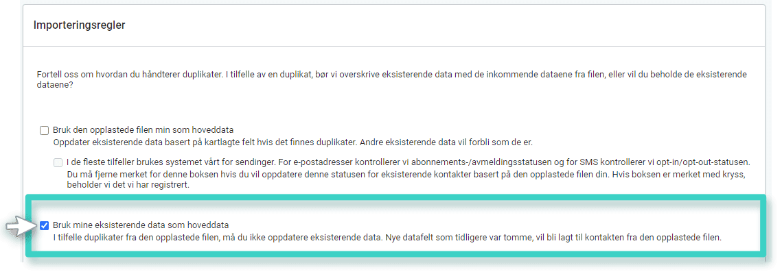 Regler for import av en fil som hoveddata til CRM
