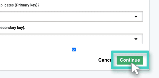 CRM import continue button MainBrainer CRM import contacts, import rules. The continue button is highlighted