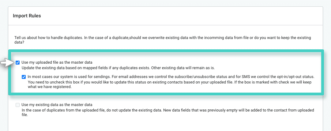 CRM import rules During import, overwrite duplicates or keep existing data as master data