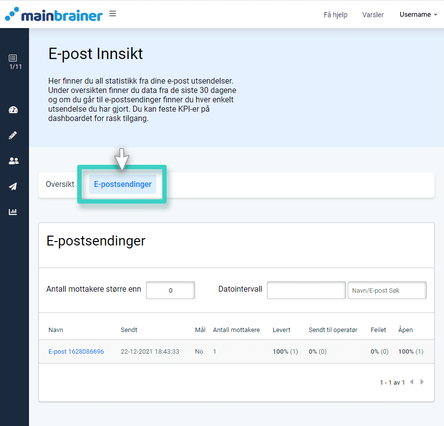 Email insights performance overview Overvåk e-postytelse, oversikt over innsikt. E-postsendingsfanen er uthevet