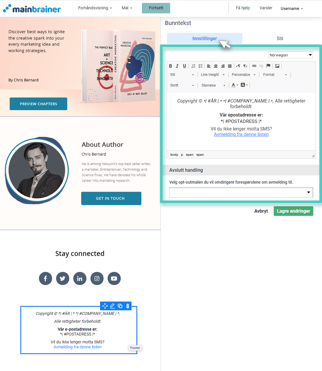 Landing page footer settings Bunntekstwidgetinnstillinger for bunntekst på landingsside
