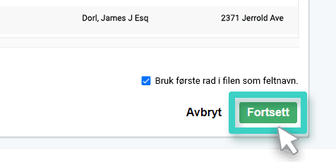 Klikk fortsett hvis den opplastede csv-filen ser ok ut