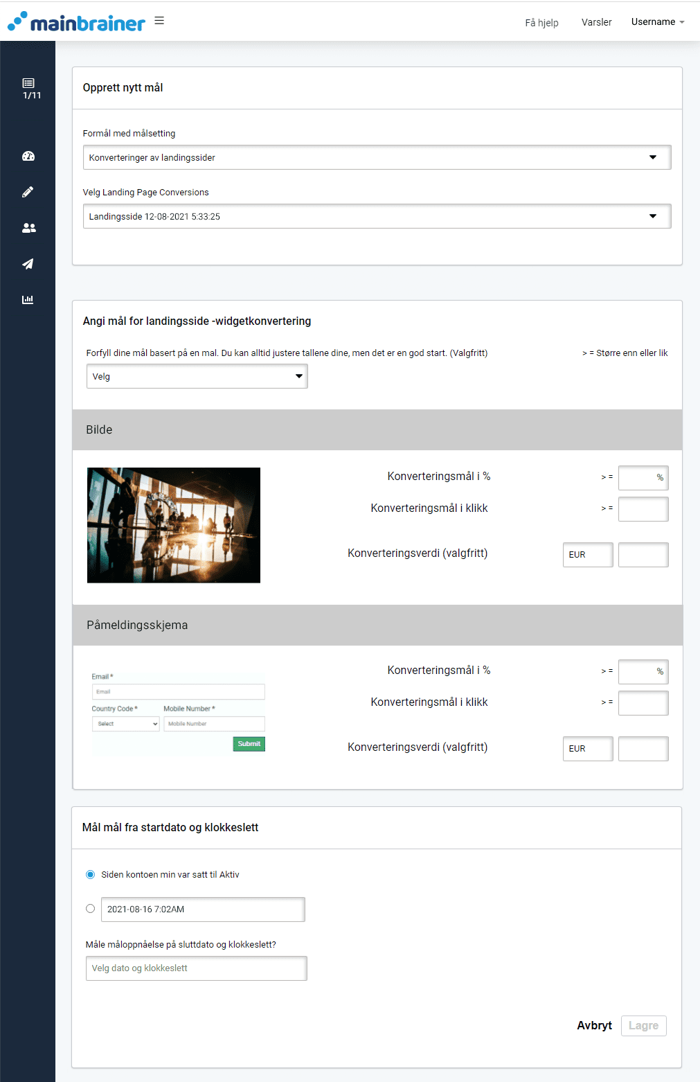 Conversion goals defaults Konverteringsmål for landingsside. Oversikt over konverteringsmål for landingsside-widget