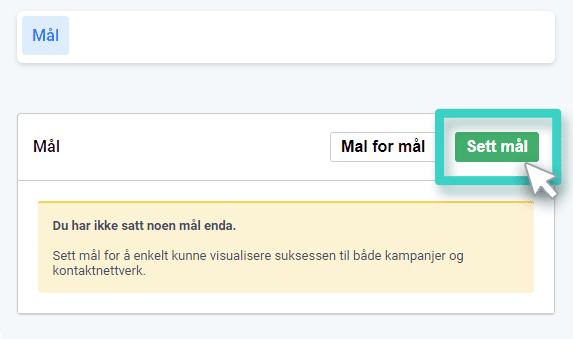 Create goal button Landingsside performance-mål. Opprett mål-knappen er uthevet