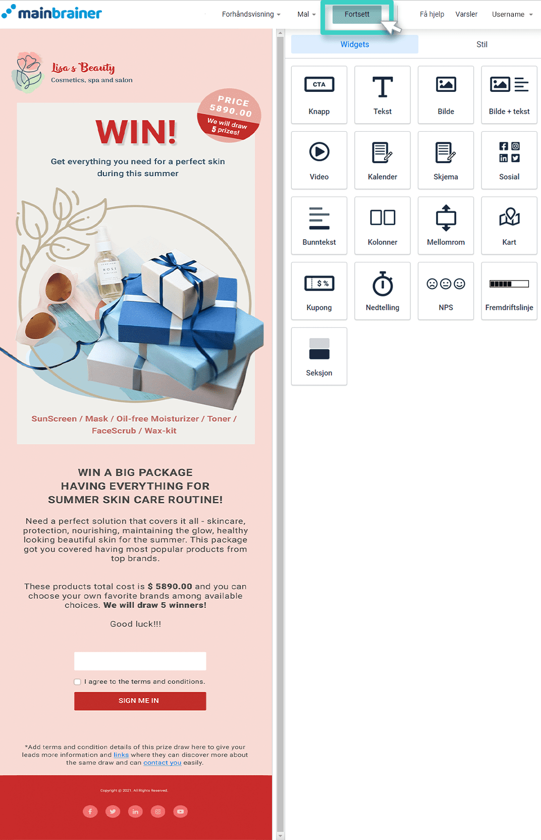 Save created landing page Ny landingsside, landingssidebygger. Fortsett-knappen er uthevet