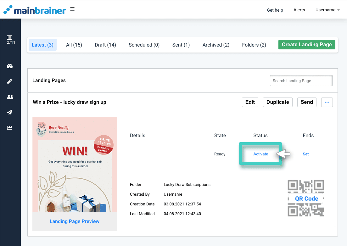 Activate your landing page Landing page builder, landing page status. Activate button highlighted