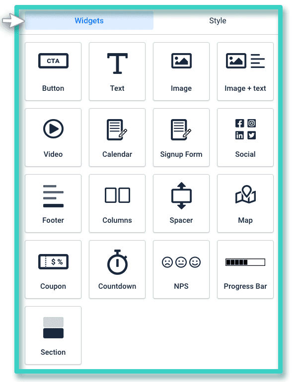 Full list of landing page builder widgets Landing page builder, widgets overview