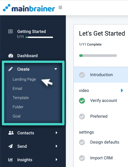 Create menu for landing page Landing page builder, create sub menu. Landing page highlighted