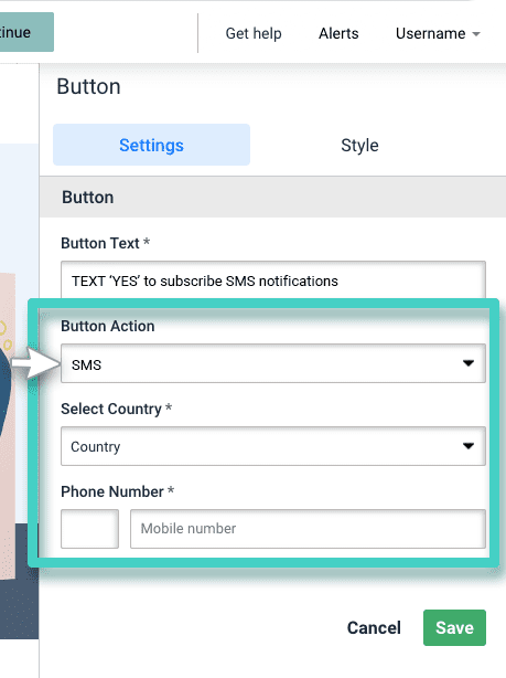 Landing page click action for button. SMS is selected