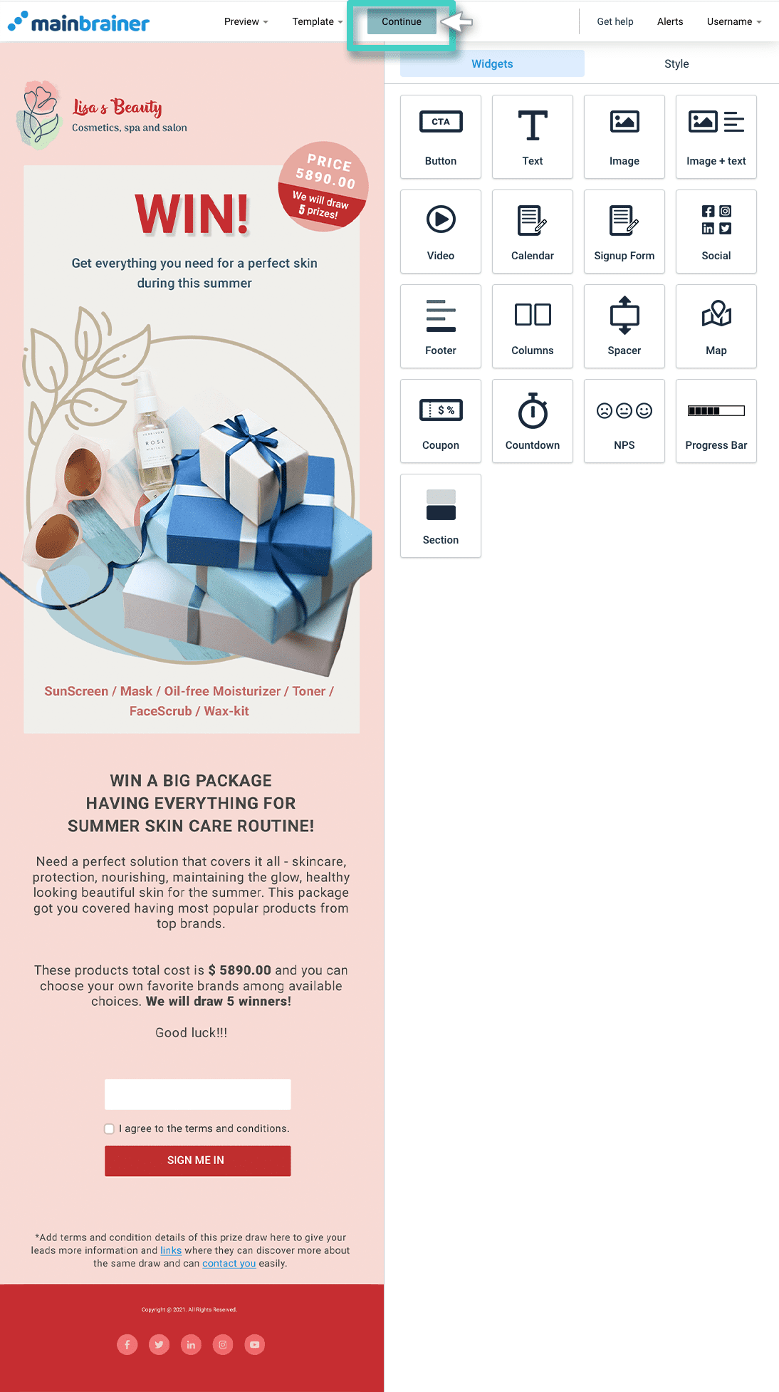 Save your landing page design Landing page builder, continue button highlighted