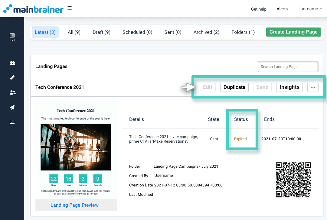 Landing page creations, landing page activation status is expired