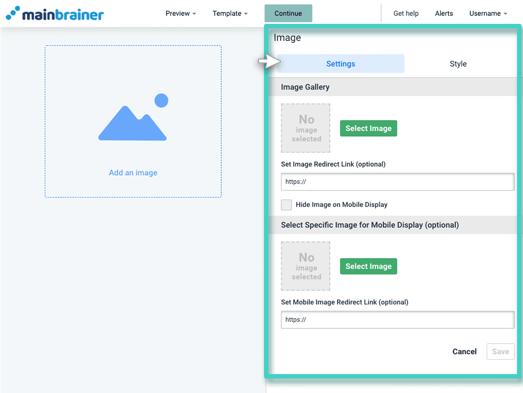 New landing page, landing page builder. The image widget settings tab is highlighted
