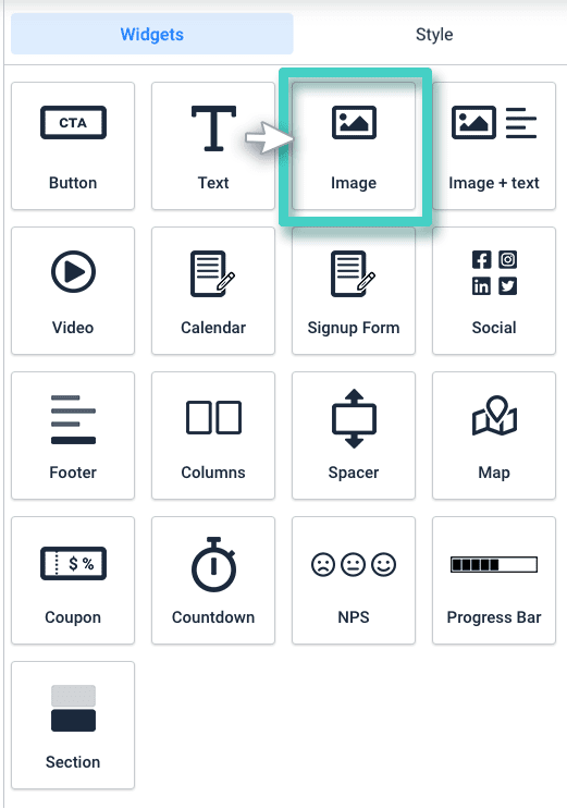 Landing page image widget Landing page builder. The image widget is highlighted