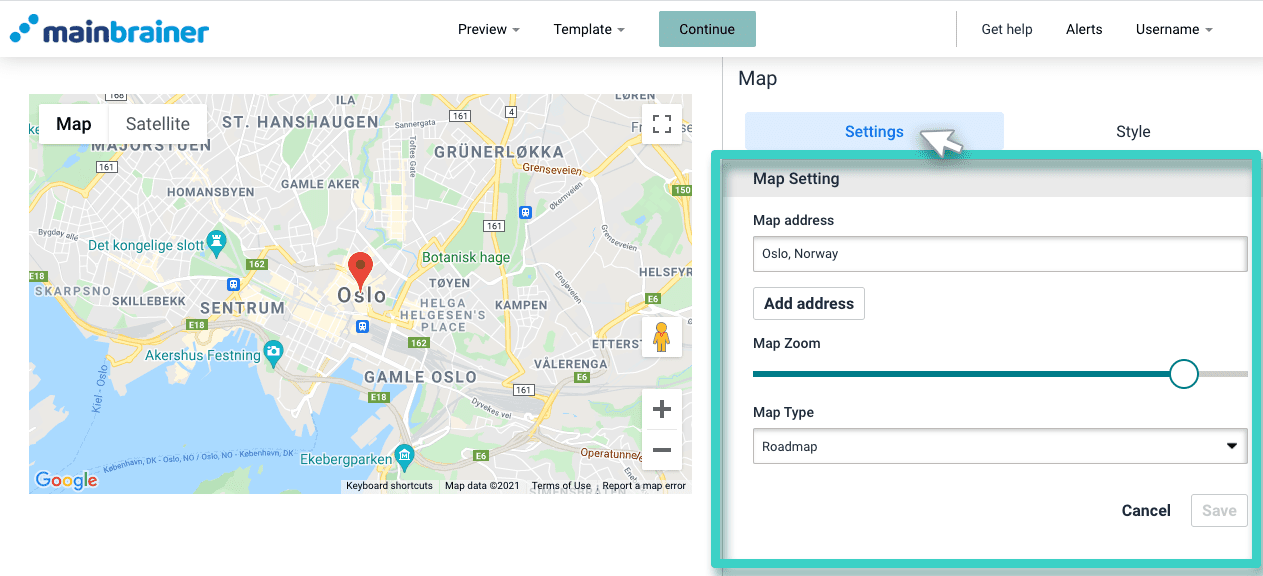 Landing page map. The settings tab is highlighted