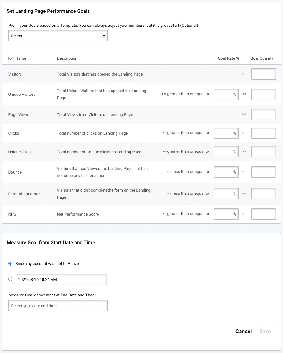 Enter Landing Page Performance KPI Goal values