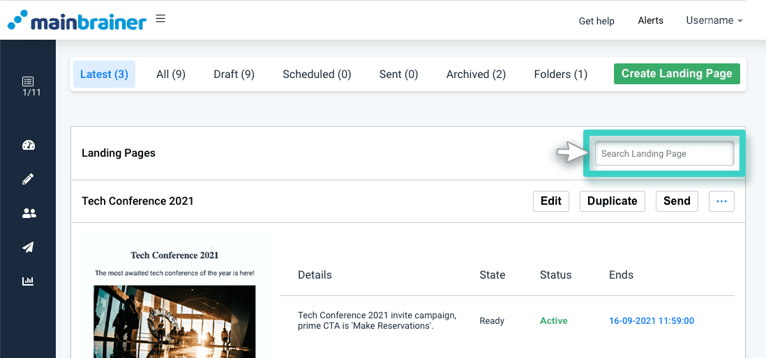 Landing page search Landing page manager. The search landing page field is highlighted