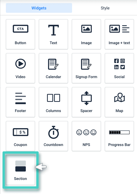 Landing page section. The section widget is highlighted