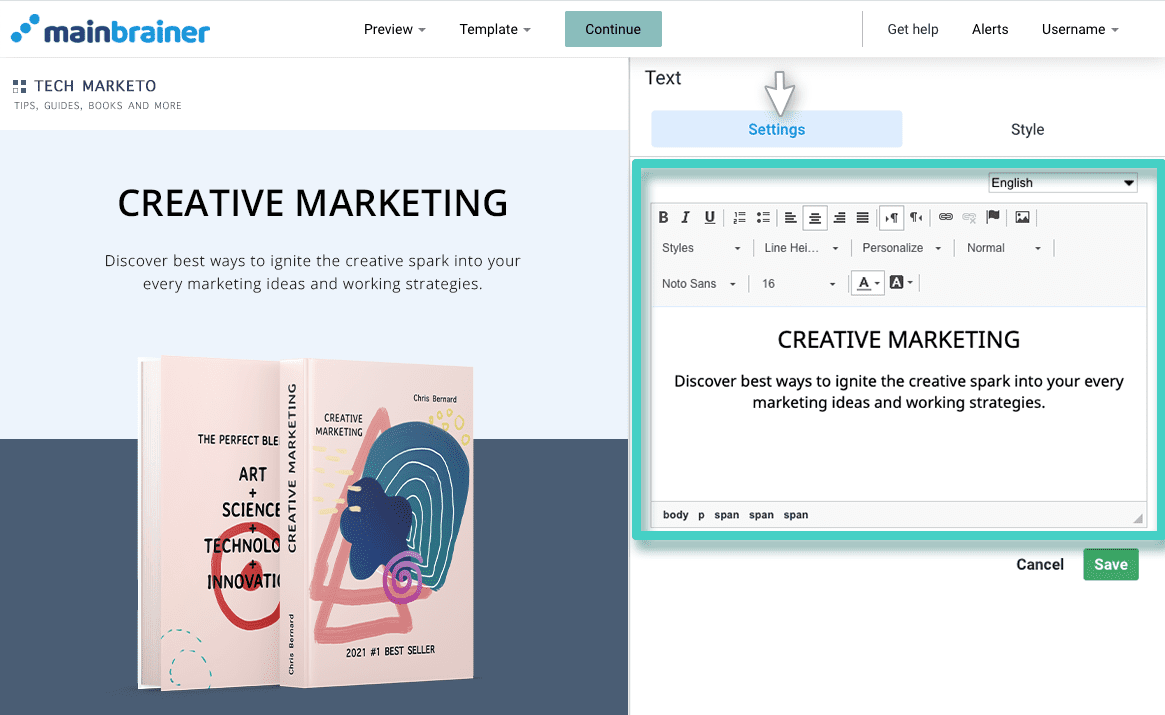 Landing page text settings Landing page text widget settings highlighted