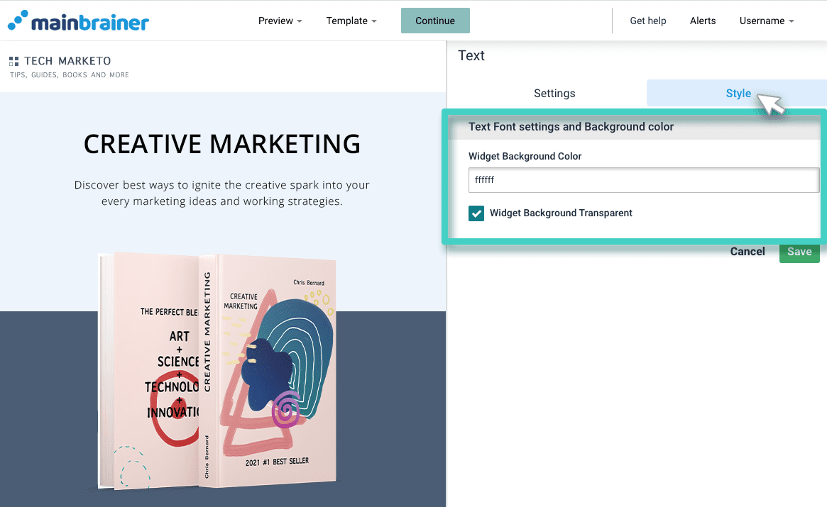 Landing page text style Landing page text widget. The style tab is highlighted